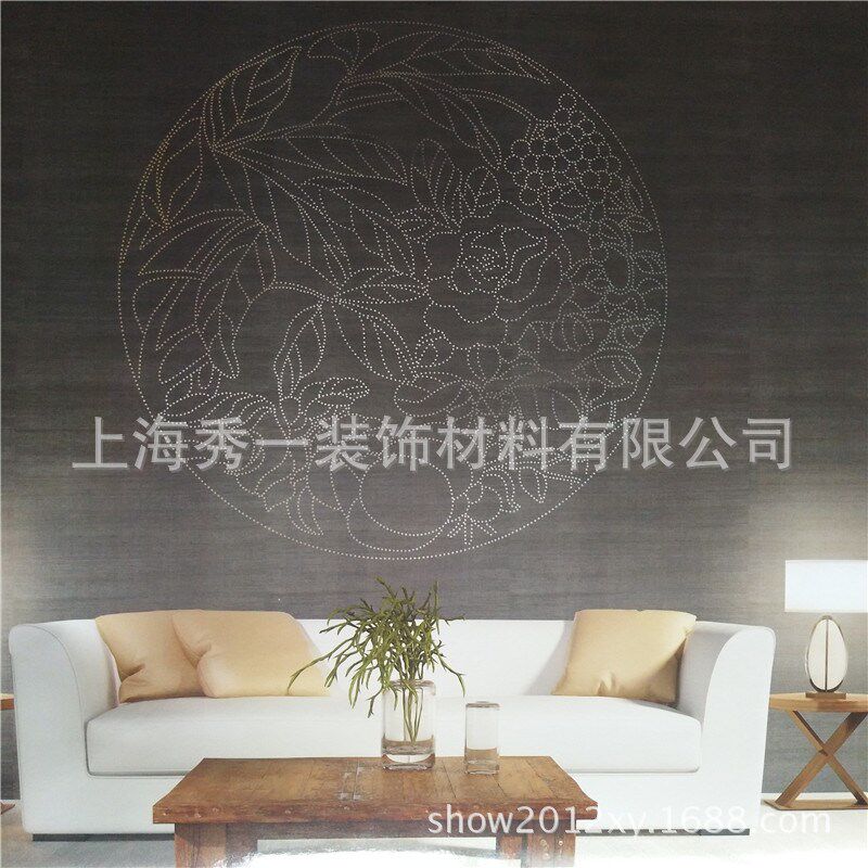剑麻拼花手工墙纸中式金箔银箔底镶嵌草编壁纸沙发电视背景墙