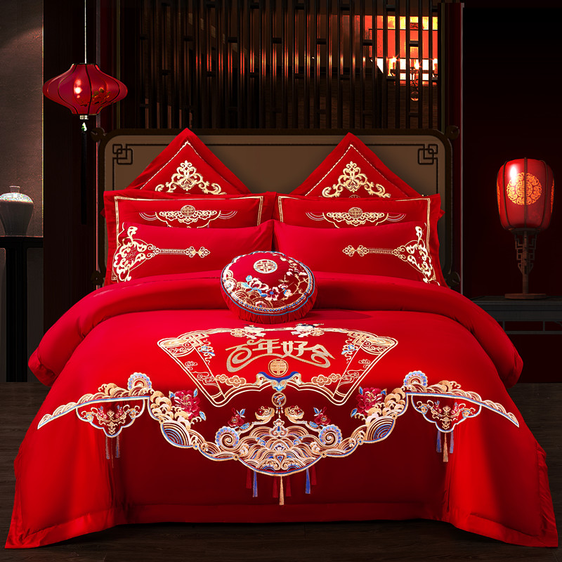 新婚庆四件套大红全棉刺绣结婚房床上用品六十件套喜婚被龙凤床品