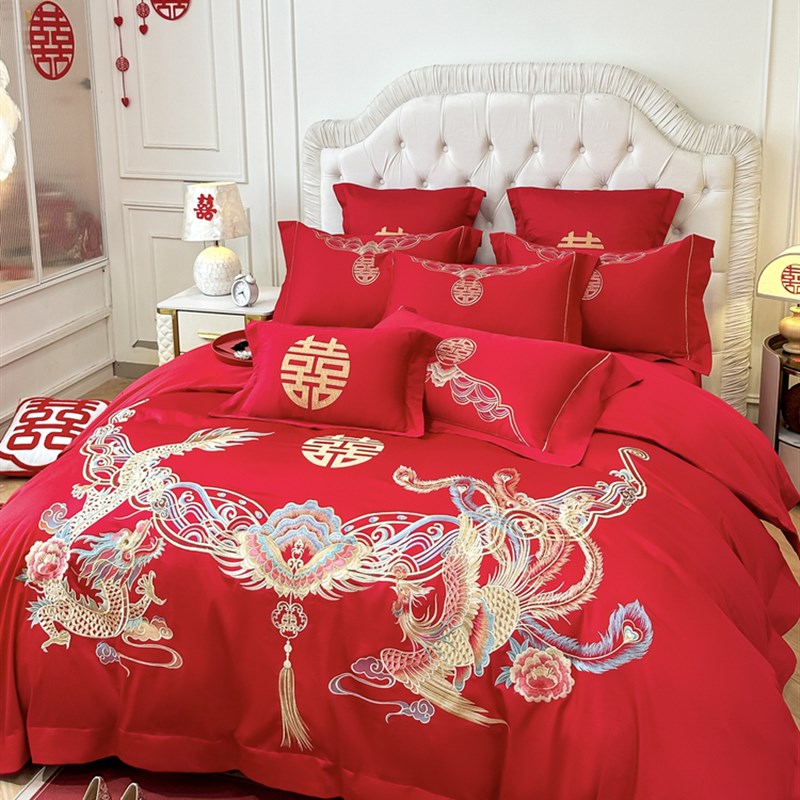 高档中式龙凤刺绣四结婚四件套大红色新婚房被套床单婚庆床上用品