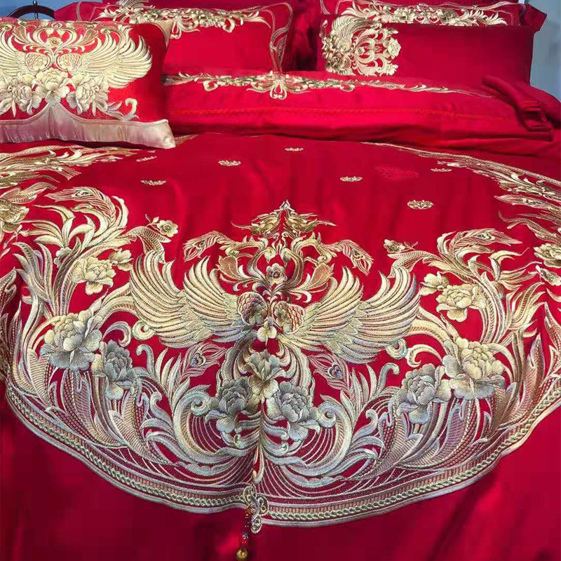 婚庆四件套大红色刺绣新婚床品结婚六八十全棉床上用品4件套