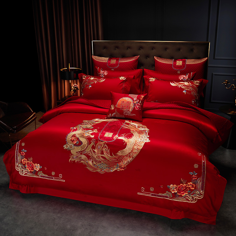 高档中式龙凤刺绣婚庆四件套大红色被套结婚陪嫁床上用品床单喜被