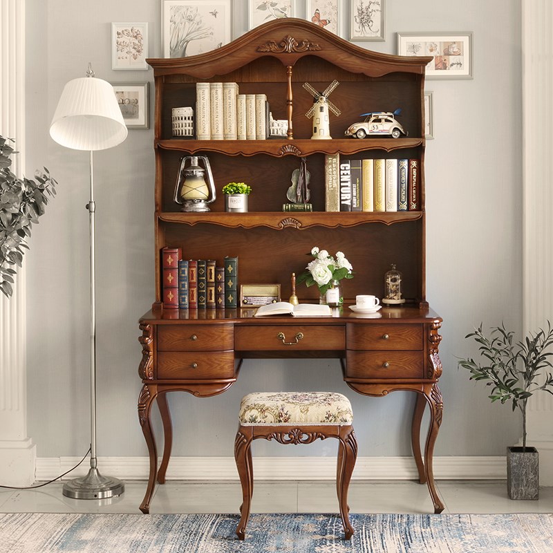 美式实木书桌书柜一体桌办公电脑桌书房成年人欧式学生单人写字台