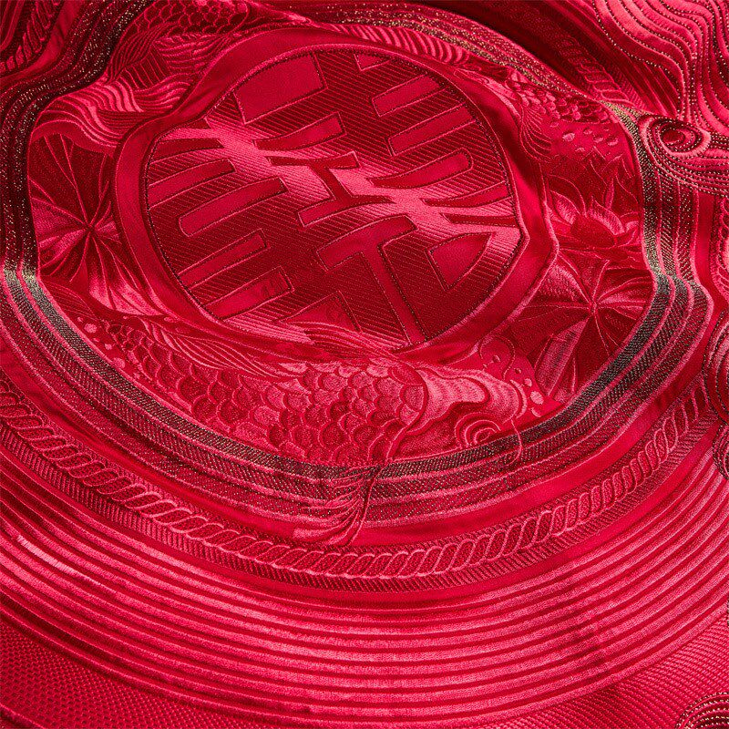 大红160支双股提花长绒棉四件套 全棉刺绣婚庆床品套件婚嫁十件套