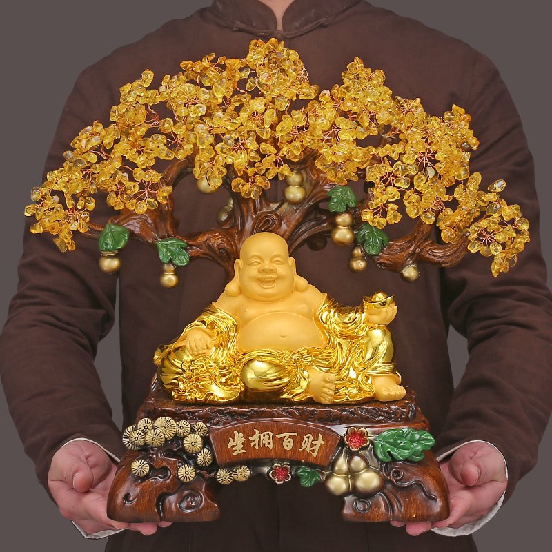 招财葫芦摆件黄水晶发财树客厅酒柜玄关装饰品开业送礼物乔迁新居