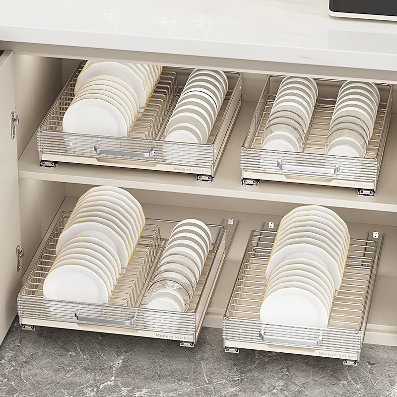 厨房不锈钢碗盘收纳架橱柜分层拉篮家用抽屉式内置沥水碗碟置物架