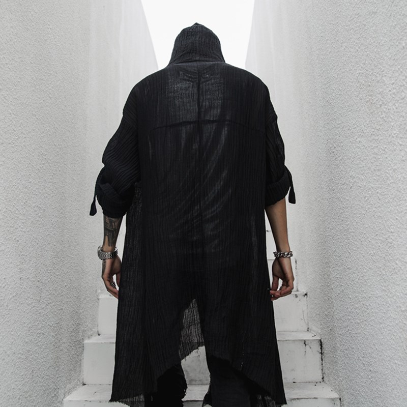 春夏潮男中长款宽松长袖衬衫国潮暗黑系舞台发型师服装薄款风衣男