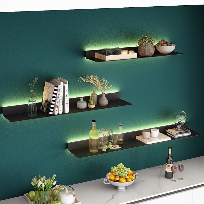 现代简约发光墙上置物架书架壁挂铁艺墙面隔板客厅一字层板展示架