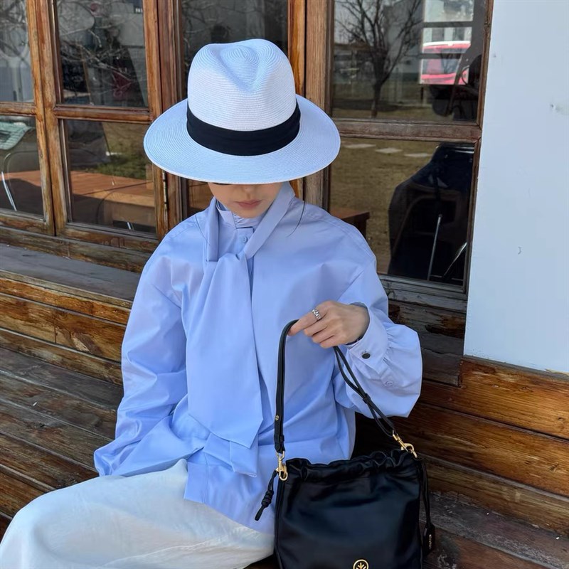 夏季新款白色礼帽平檐百搭男女草帽遮阳透气可折叠显脸小度假英伦
