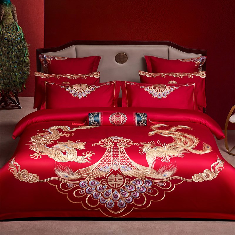 结婚庆四件套全棉喜庆婚房床上用品纯棉大红色床单床盖龙凤被套新