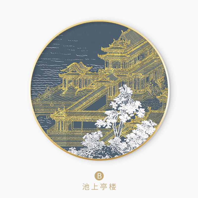 新中式圆形玄关装饰画古代建筑走廊挂画客厅别墅中国风意境墙壁画图片
