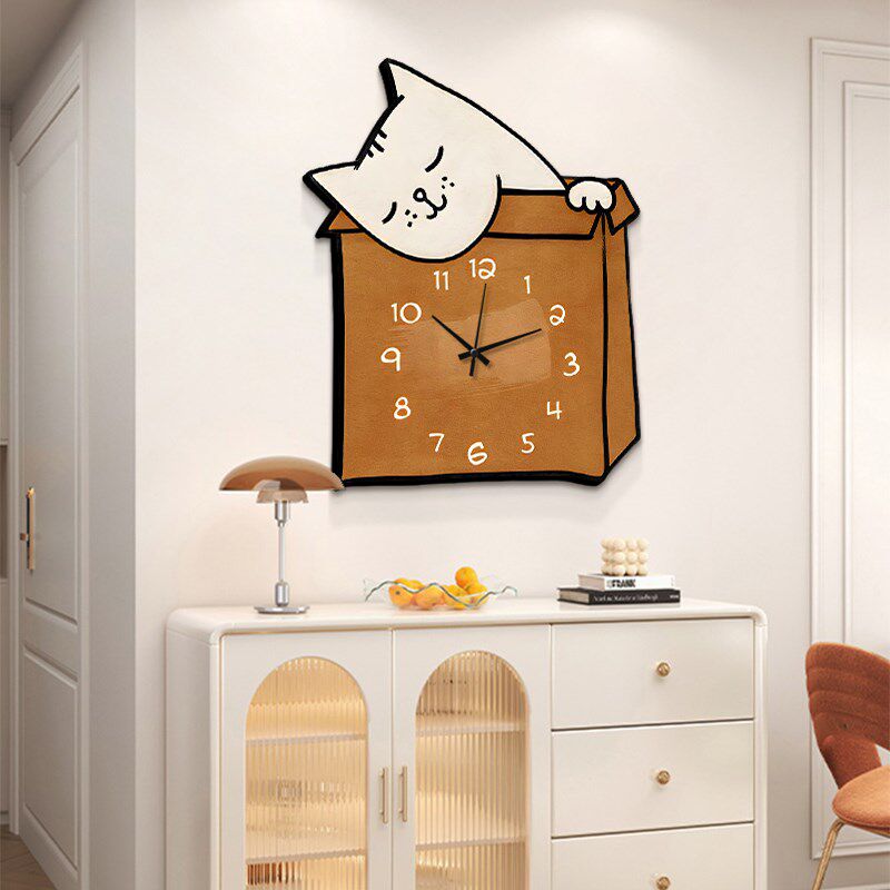 纸袋猫咪挂钟客厅装饰画电视机矮柜背景墙挂画玄关壁画高级感灯画