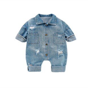 春秋装婴幼儿牛仔连体衣男女宝宝长袖破洞爬服儿童洋气哈衣外穿潮