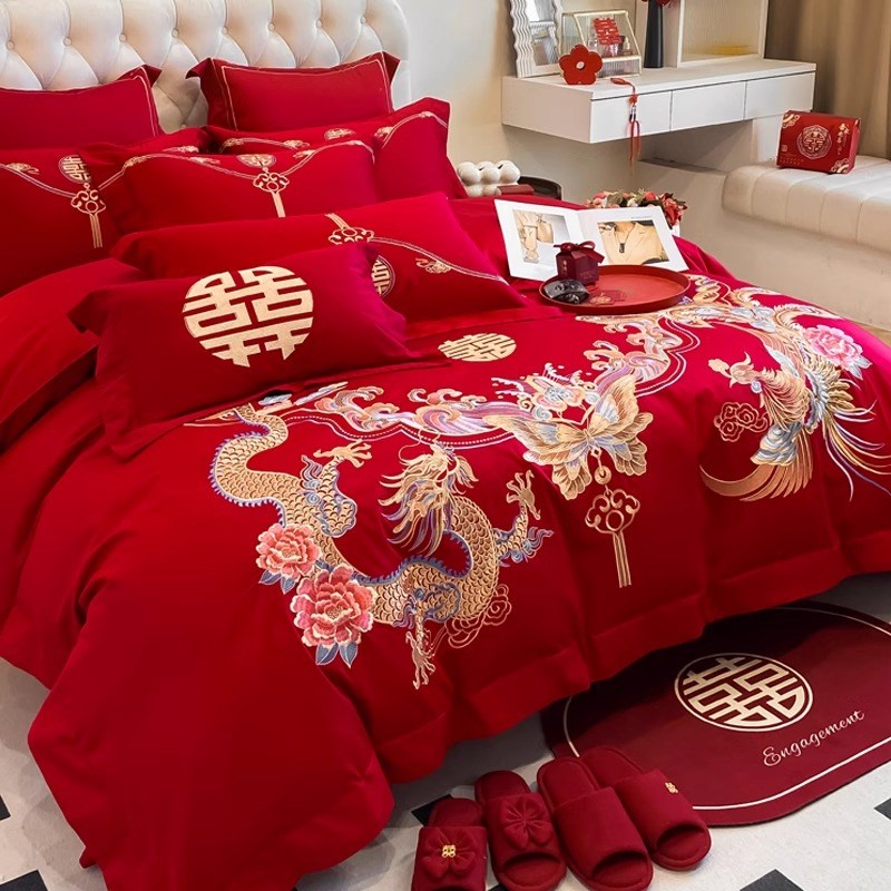 中式结婚四件套红色龙凤刺绣被套婚庆床上用品婚房六件套