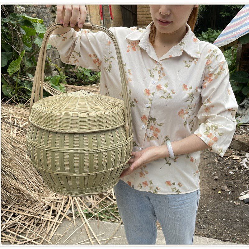 竹编双层手提篮野餐篮竹编制品大容量水果篮菜篮编织收纳筐拜神篮