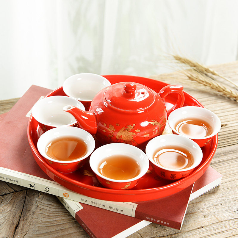 结婚茶具套装婚庆瓷托r盘新婚敬茶杯喜庆传统红色龙新人敬茶壶