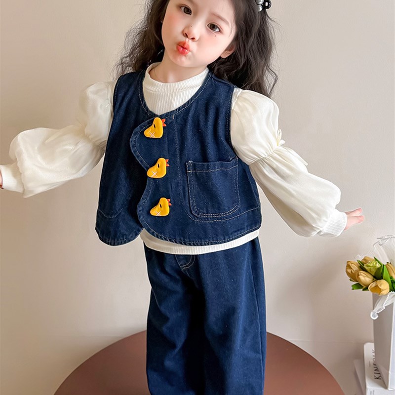 女小童春装娃娃衫牛仔三件套2025新款女宝宝洋气马甲阔腿裤套装潮