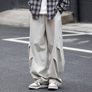 拾壹CityBoy日系伞兵工装裤2024秋季男生宽松廓形抽绳直筒阔腿裤