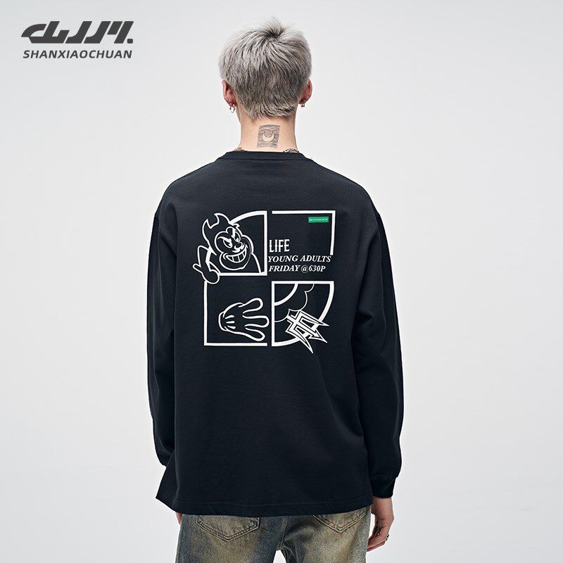卡通涂鸦男士长袖t恤2024新款潮流体恤男款秋季内搭打底衫