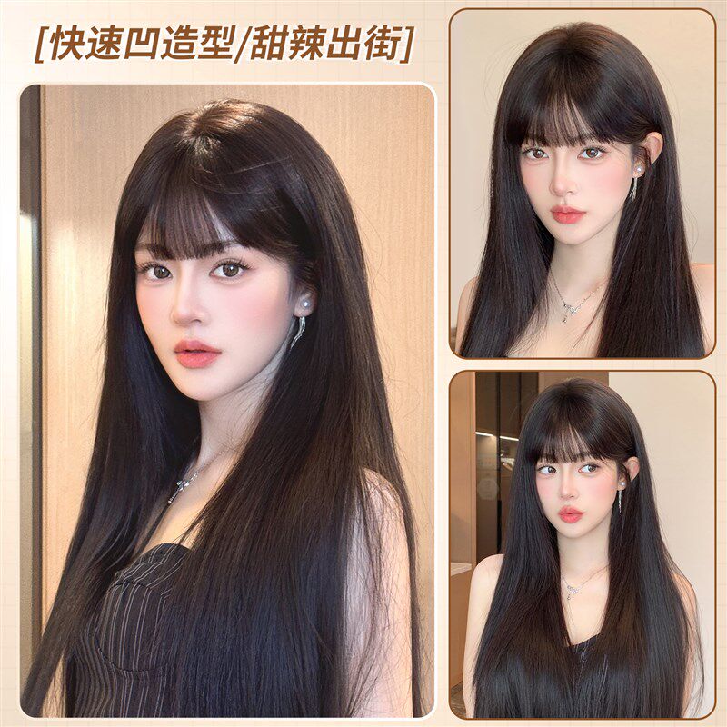 漫画空气齐刘海甜酷黑长直假发片自然前额头顶无痕增X发量蓬松接