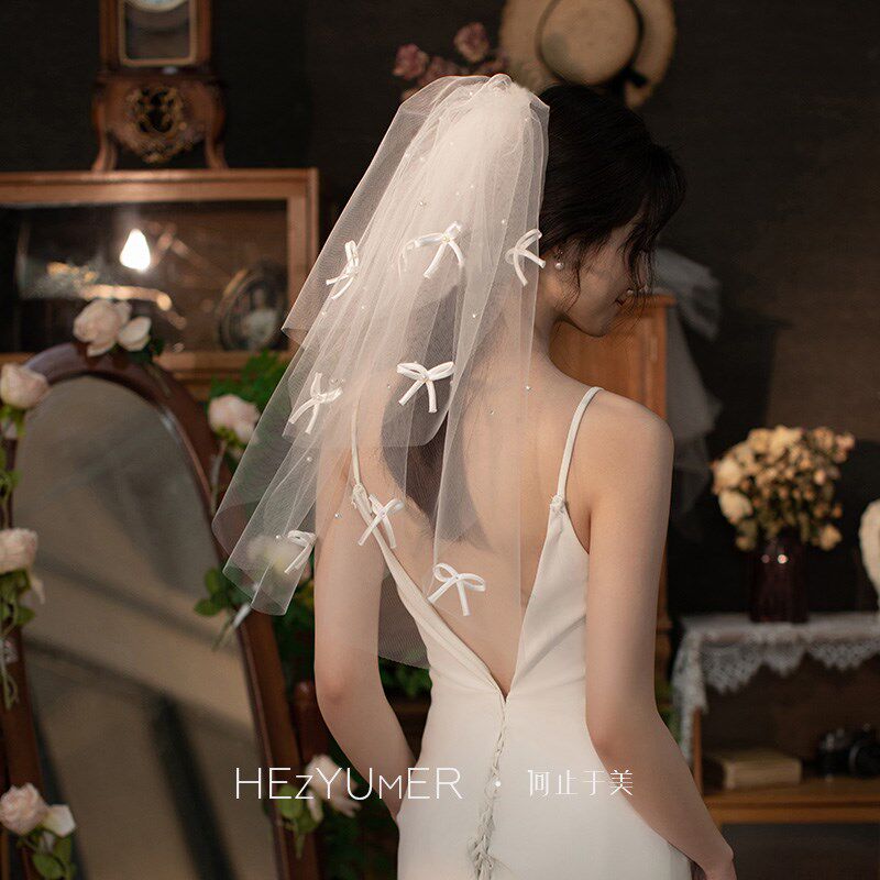 《玉蝶》新娘氛围感蝴蝶结头纱钉D珍珠多层短款拍照道具造型头纱