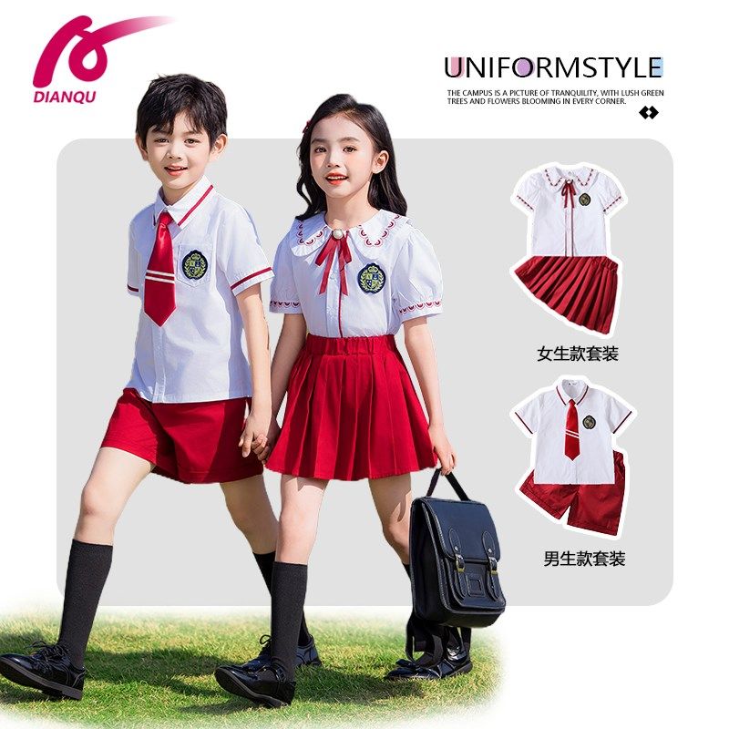 幼儿园夏季款园服大班毕业照班服套装小学生红色英伦风校服两件套