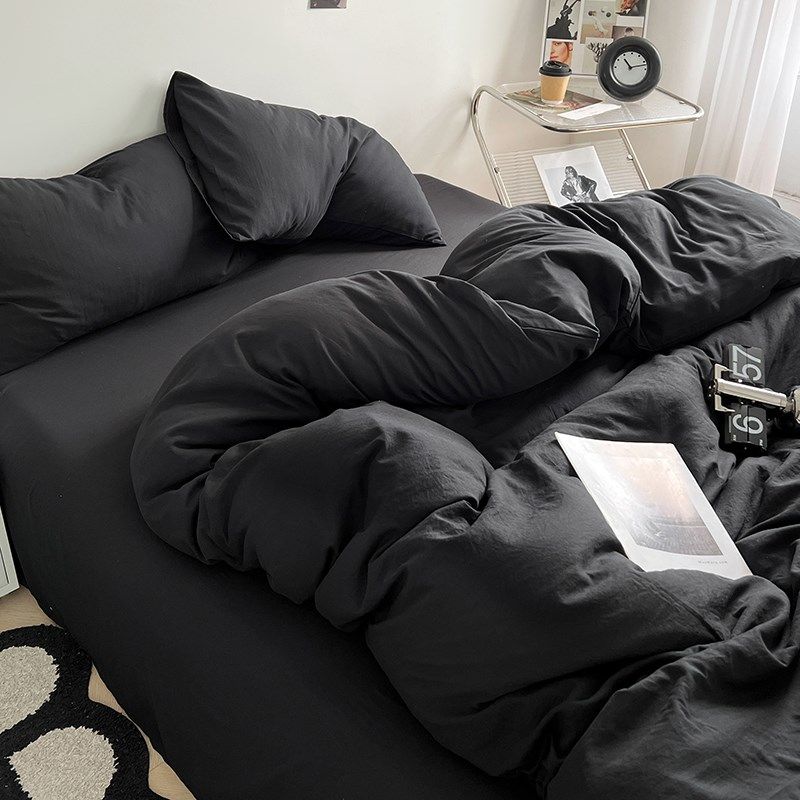 黑色简约床上四件套ins风纯水洗棉床单被套学生宿舍4三件套被罩,床上用品,床品套件/四件套/多件套,淘宝优惠券,粉丝福利购,淘宝优惠卷