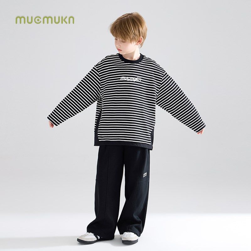 【星际空间站】百搭休闲黑白条纹长袖T恤下摆拼接可抽绳男童春款