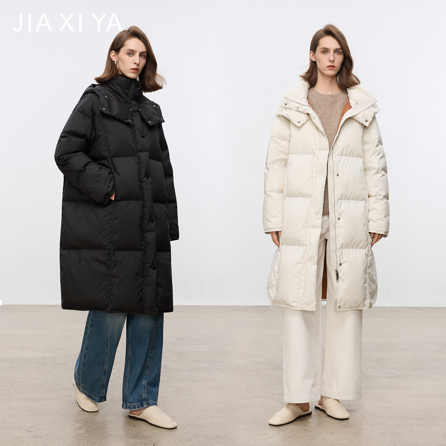【95白鹅绒】泇汐娅2025新款连帽宽松撞色中长款羽绒服女款冬外套