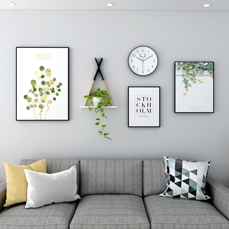 北欧绿植风3框k油画布装饰画钟表组合餐厅沙发背景置物架