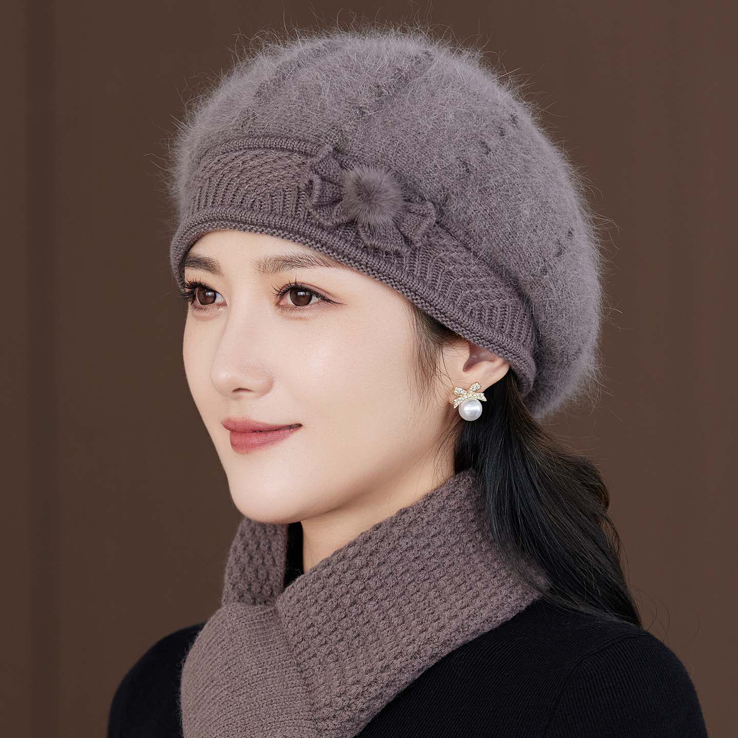 帽子女款2026新款秋冬兔毛贝雷帽中老年人妈妈时尚保暖针织帽洋气