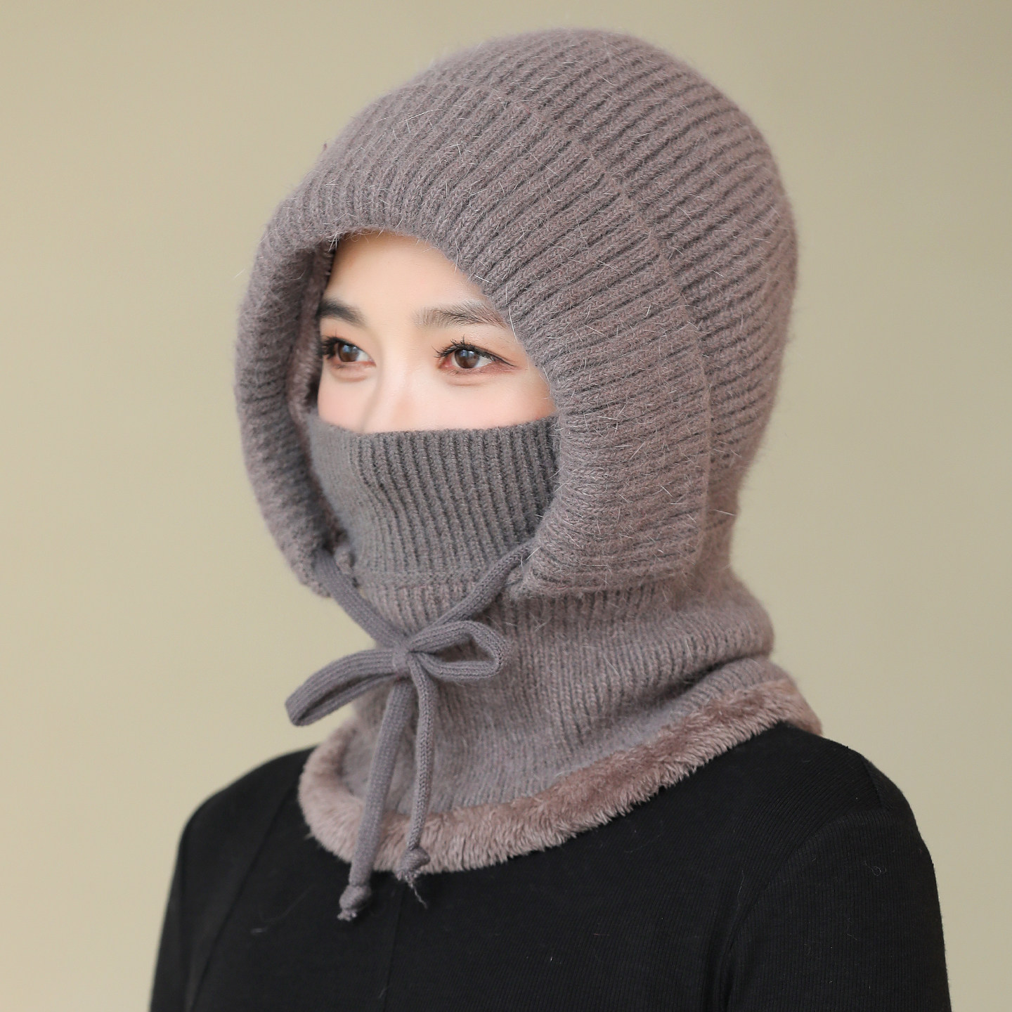 中老年人女款帽子围巾一体冬季新款妈妈毛线帽保暖奶奶护耳套头帽