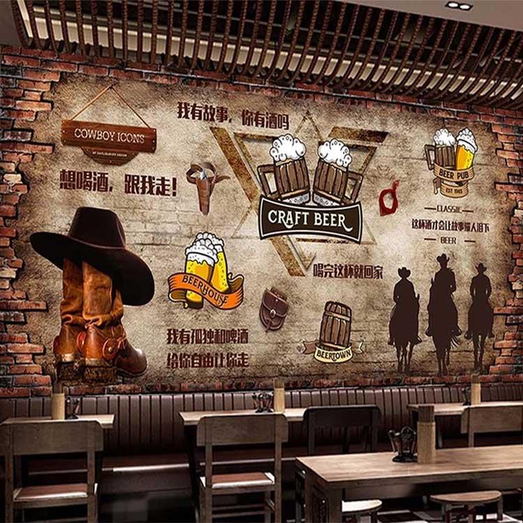 你有故事我有酒复古砖墙牛仔啤酒吧KTV火锅烧烤餐厅壁纸背景墙贴