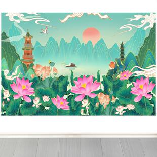 国画荷花轻奢山水画有山有水和和美美家居背景墙海报自粘装饰墙画