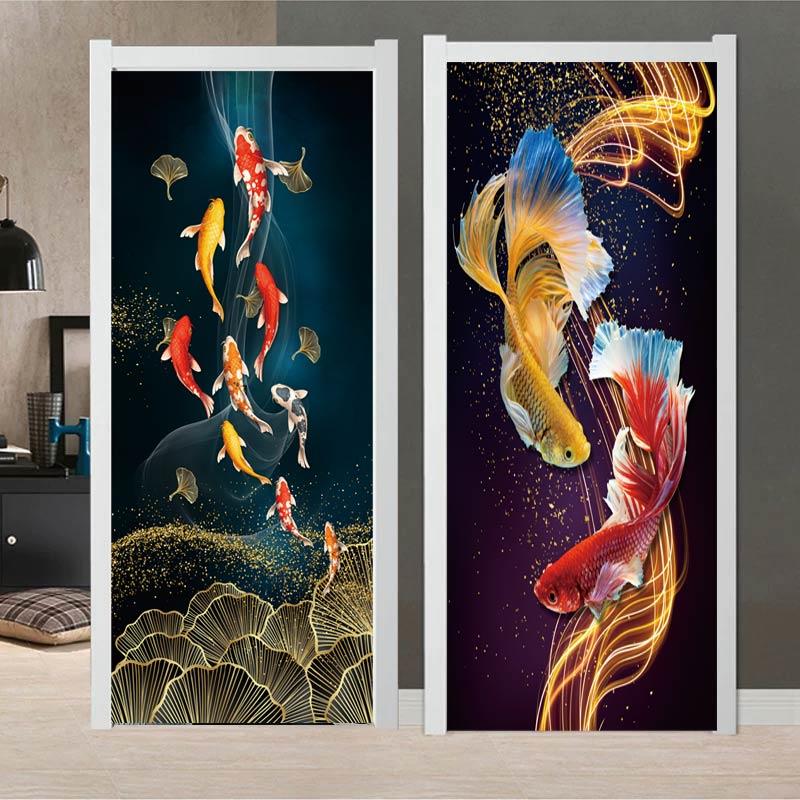 九鱼富贵图房门旧门衣柜门翻新玻璃门装饰贴自粘防水贴画风水招财