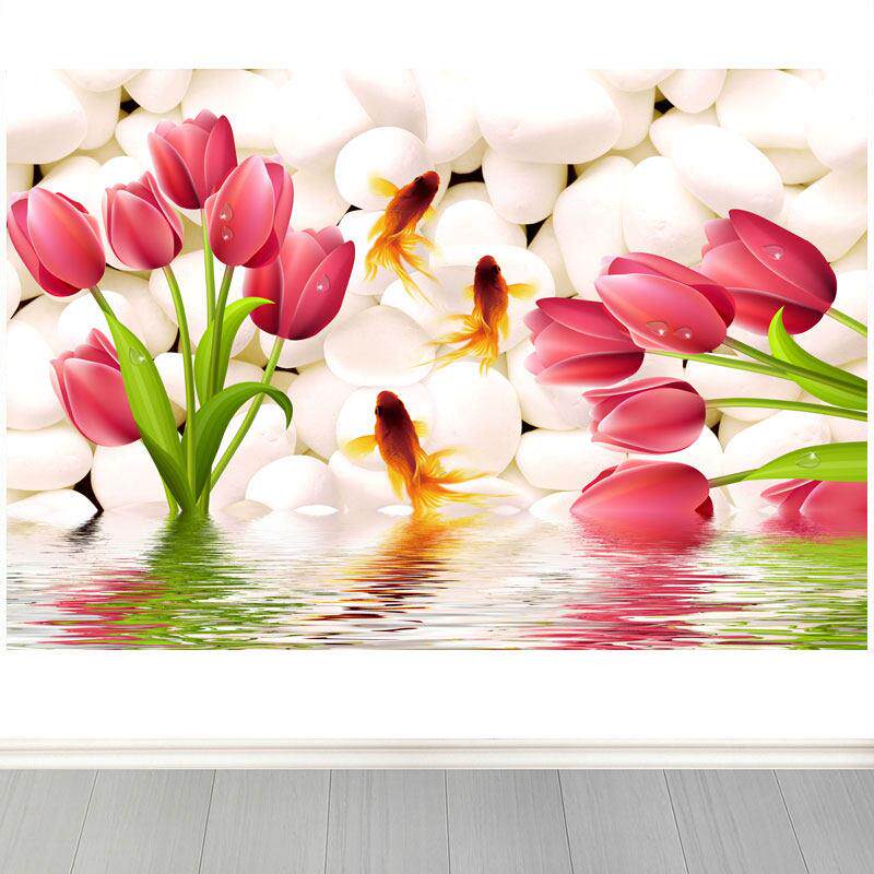 年年有余雨花石背景郁金香金鱼家用卧室家居背景墙海报自粘装饰画