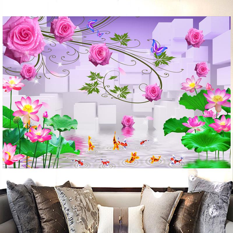 紫气东来荷花玫瑰山水装饰画客厅卧室背景墙自粘贴纸画花开富贵图图片