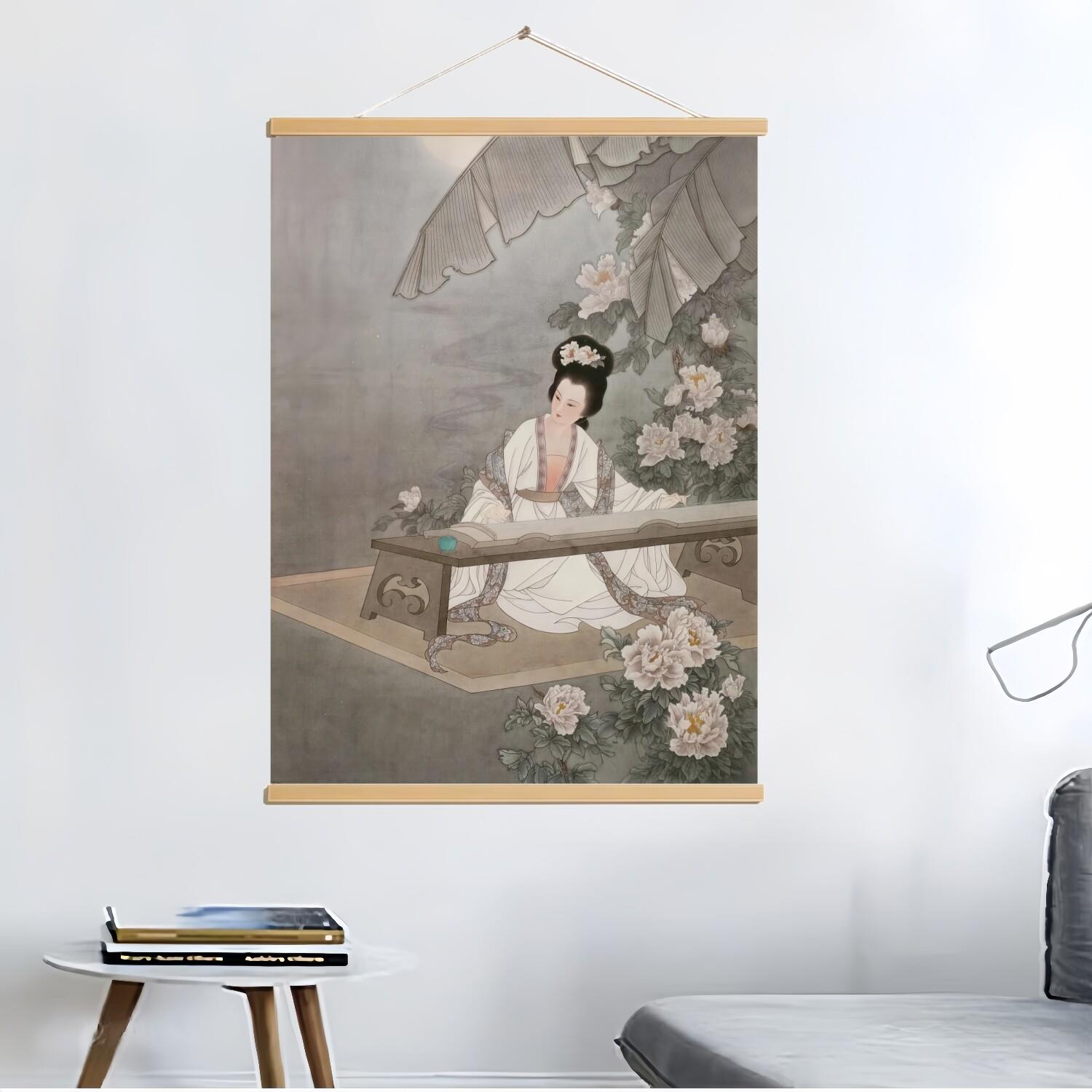 新中式古风萧慧珠仕女图挂画卷轴美人抚琴装饰画客厅卧室艺术画