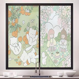 厨房移门玻璃贴纸防撞装饰透光不透明中式花卉窗户窗花防隐私贴膜