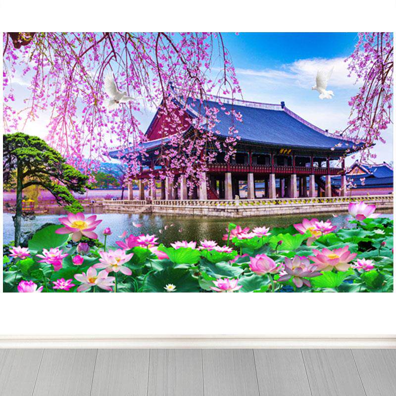 荷花迎客松楼台山水装饰自粘贴画客厅办公室背景墙海报招财风景画