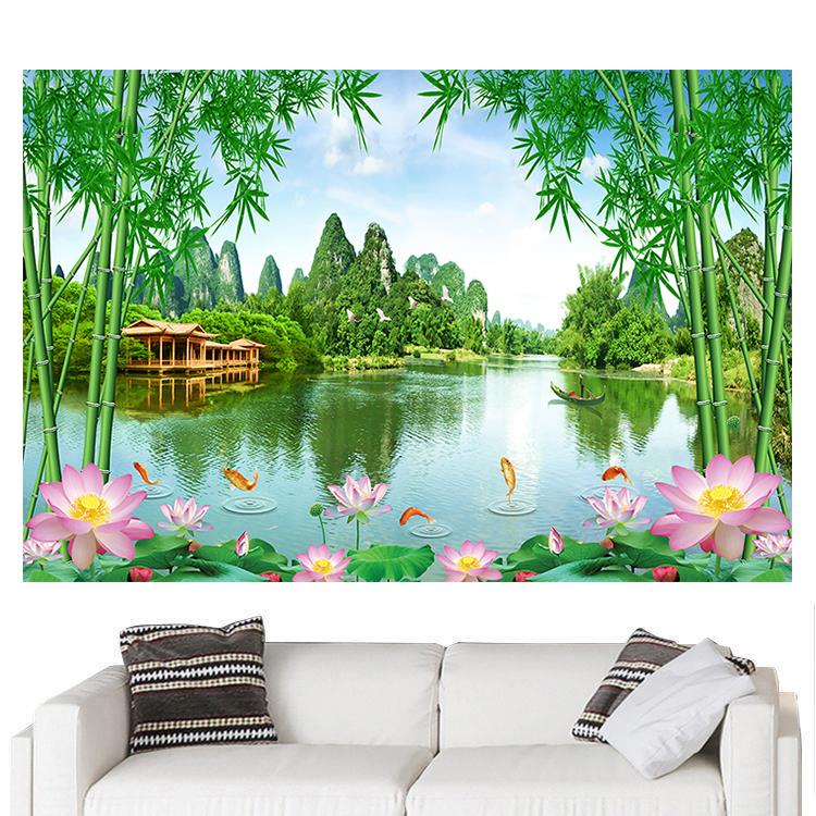 山水风景画电视背景墙贴装饰画竹子荷花亭子锦鲤壁画客厅卧室自粘图片