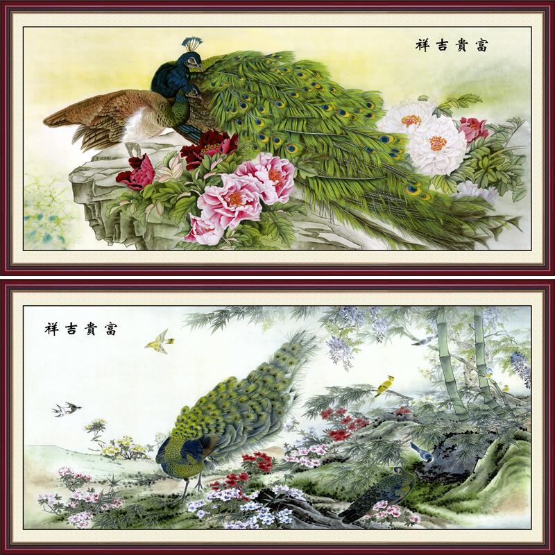 现代新中式山水牡丹孔雀图风景中堂客厅玄关沙发装饰国画背景墙壁图片