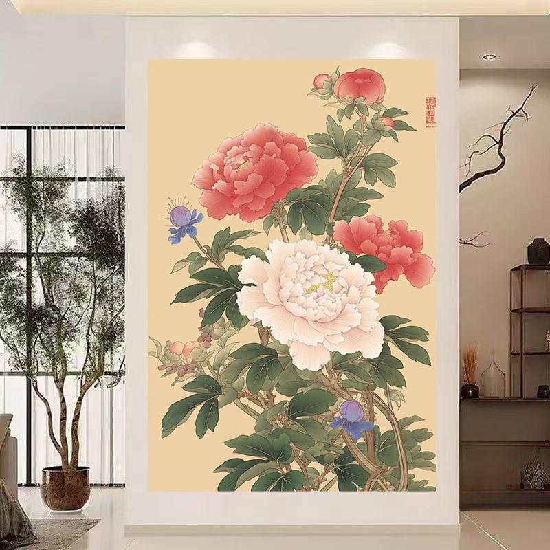 花开富贵牡丹图新中式入户玄关装饰画国色天香牡丹花客厅卧室贴画图片