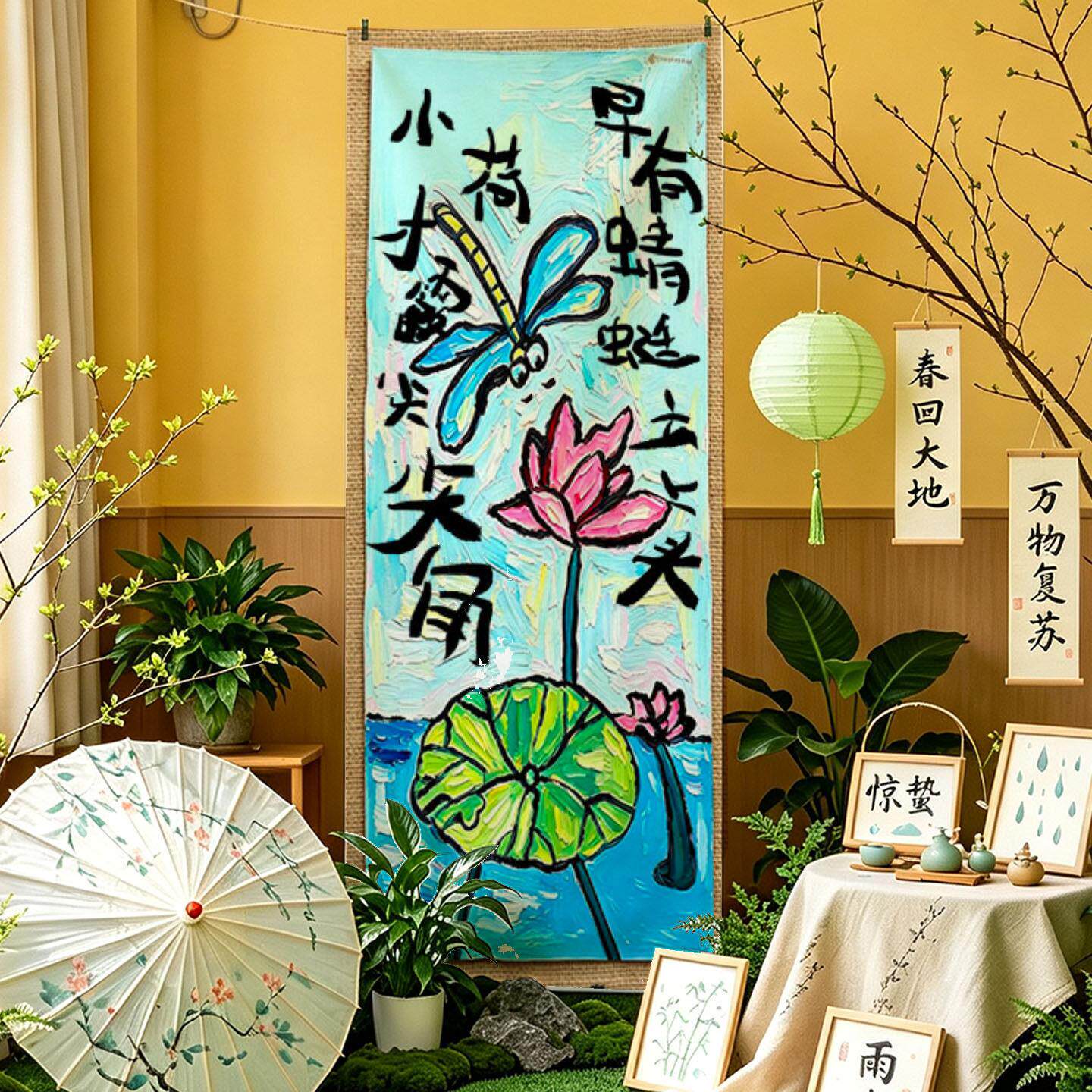 仿儿童童趣创作古诗配画长条竖版挂布幼儿园中式美学环创装饰布
