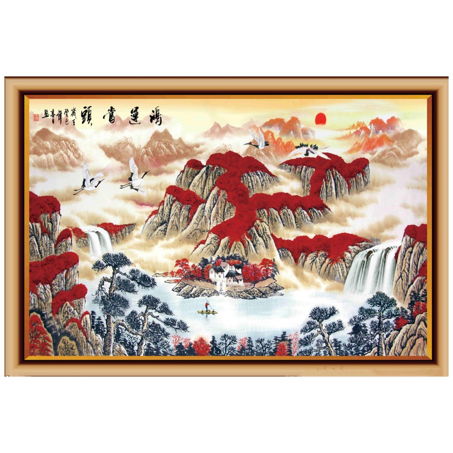 定制中式带背胶自粘贴画鸿运当头源远流长办公室客厅墙画壁纸海报