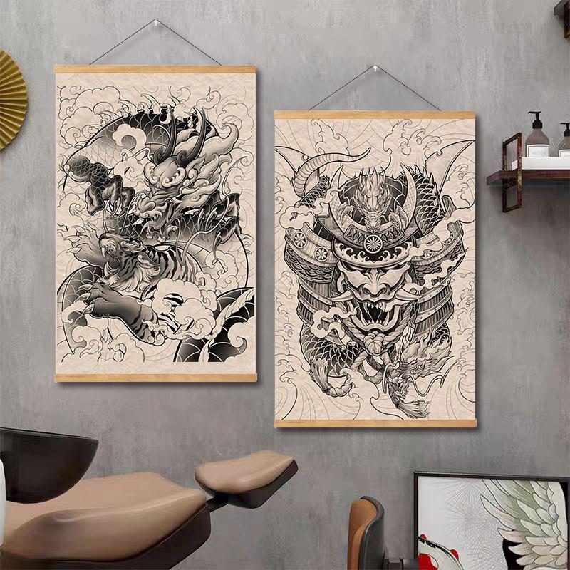 老传统黑灰割线手稿纹身店挂画居酒屋墙壁装饰画竖油画布实木木杆