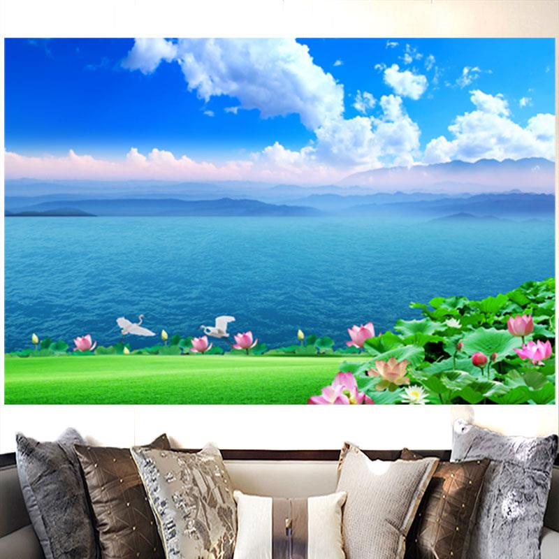 荷花美景山水风景自粘贴纸画客厅办公室背景墙装饰画远山湖水墙画图片