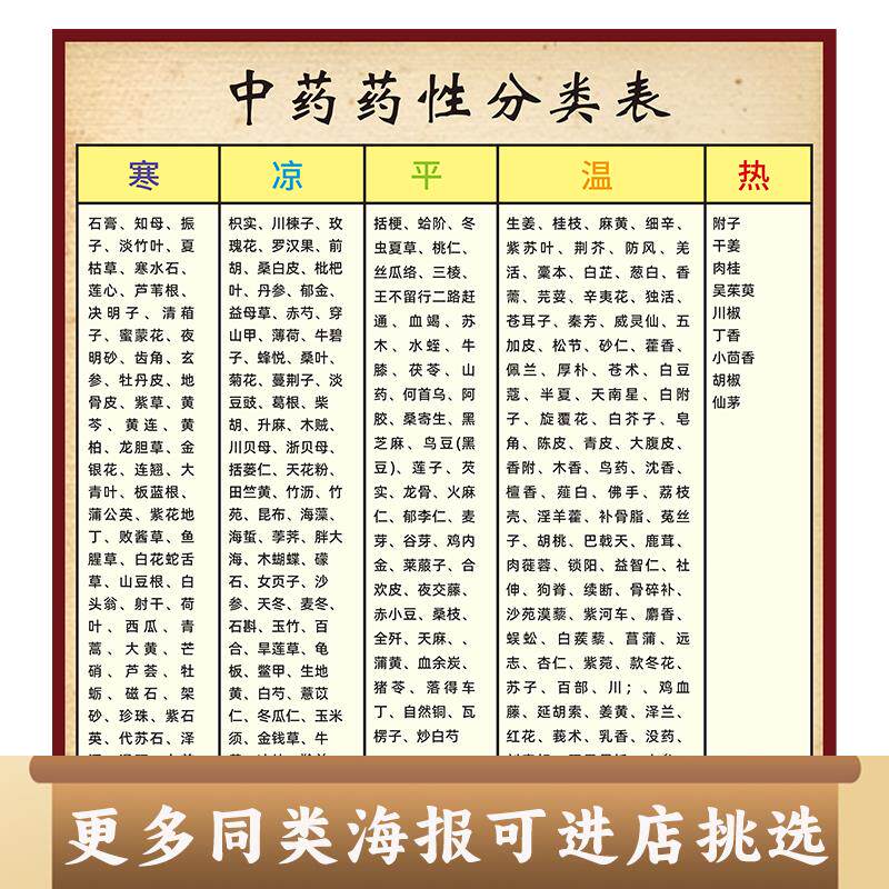中药药性分类表禁忌挂图医院中医药材科普知识中药房健康养生海报