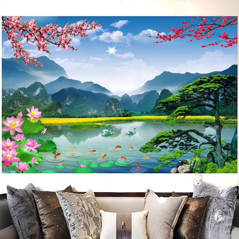 高山流水风景墙贴画客厅沙发背景墙山水装饰画荷花九鱼图招财贴画图片