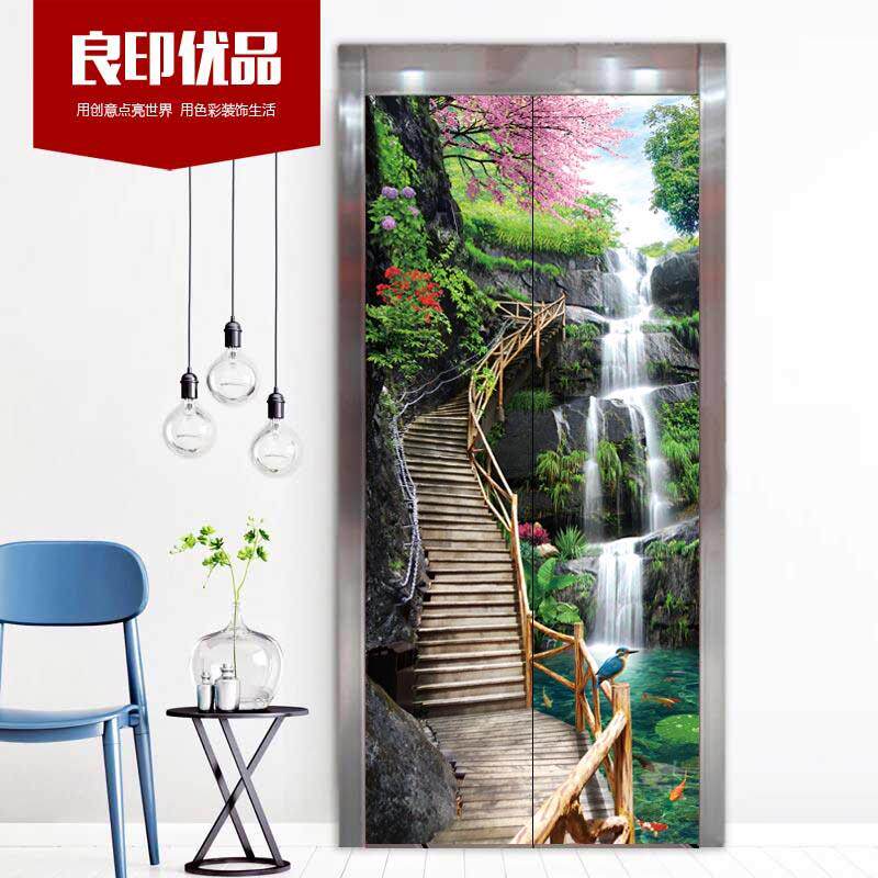 自粘防水可移除风景电梯门贴房门翻新酒店宾馆贴玄关贴纸壁画墙贴