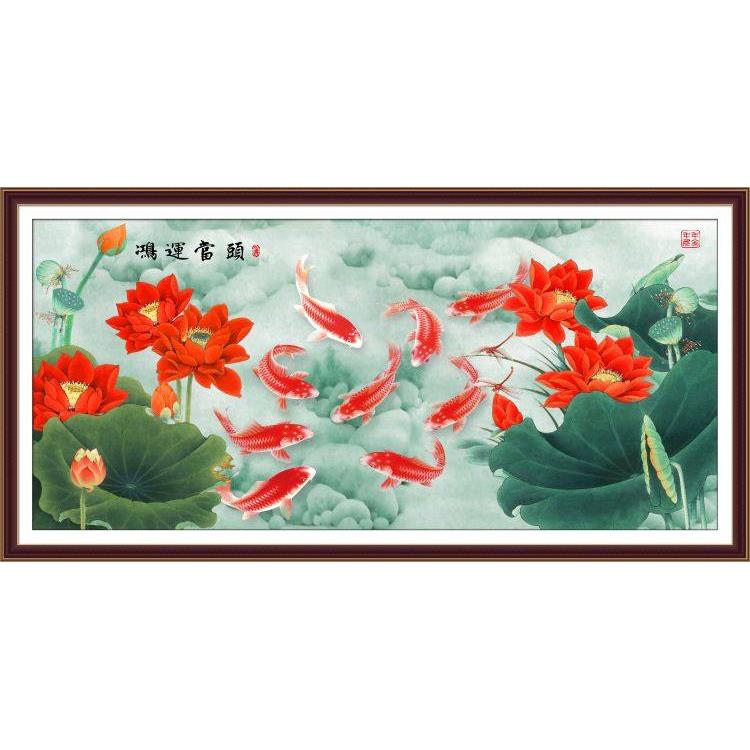 现代风景壁画客厅家居装饰画横幅九鱼图鸿运当头自粘贴画